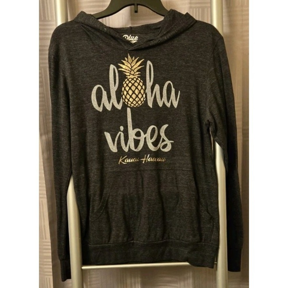 Blue 84 Hoodie Womens Gray Aloha Vibes Kauai Hawaii Light Sweatshirt Pullover XS